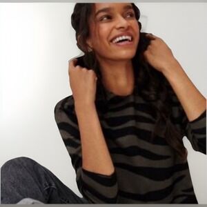 Anthropologie Kasia Knit Zebra Print Hoodie Sweater Size L Cozy Edgy Athleisure